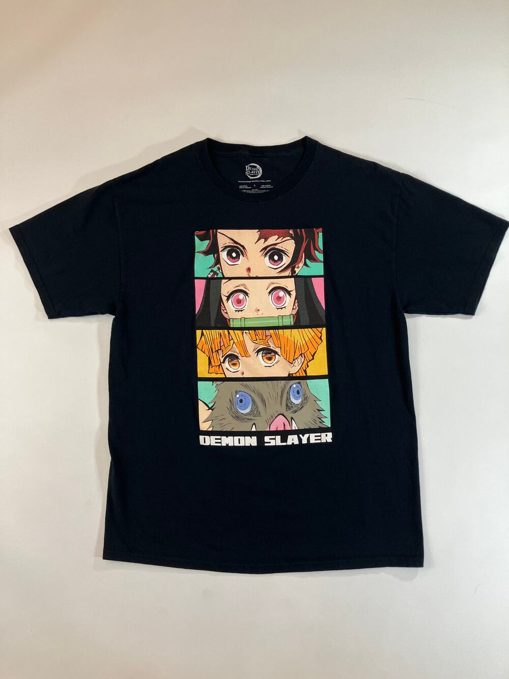 Demon Slayer Stacked Eyes T Shirt Men's L Black Tanjiro Nezuko Zenitsu Inosuke